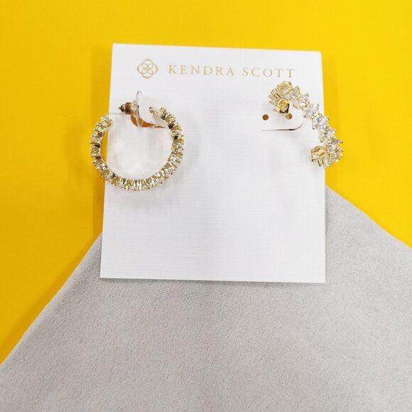 Kendra Scott Gold White Crystal Cailin Small Hoop Earrings - Picture 1 of 4
